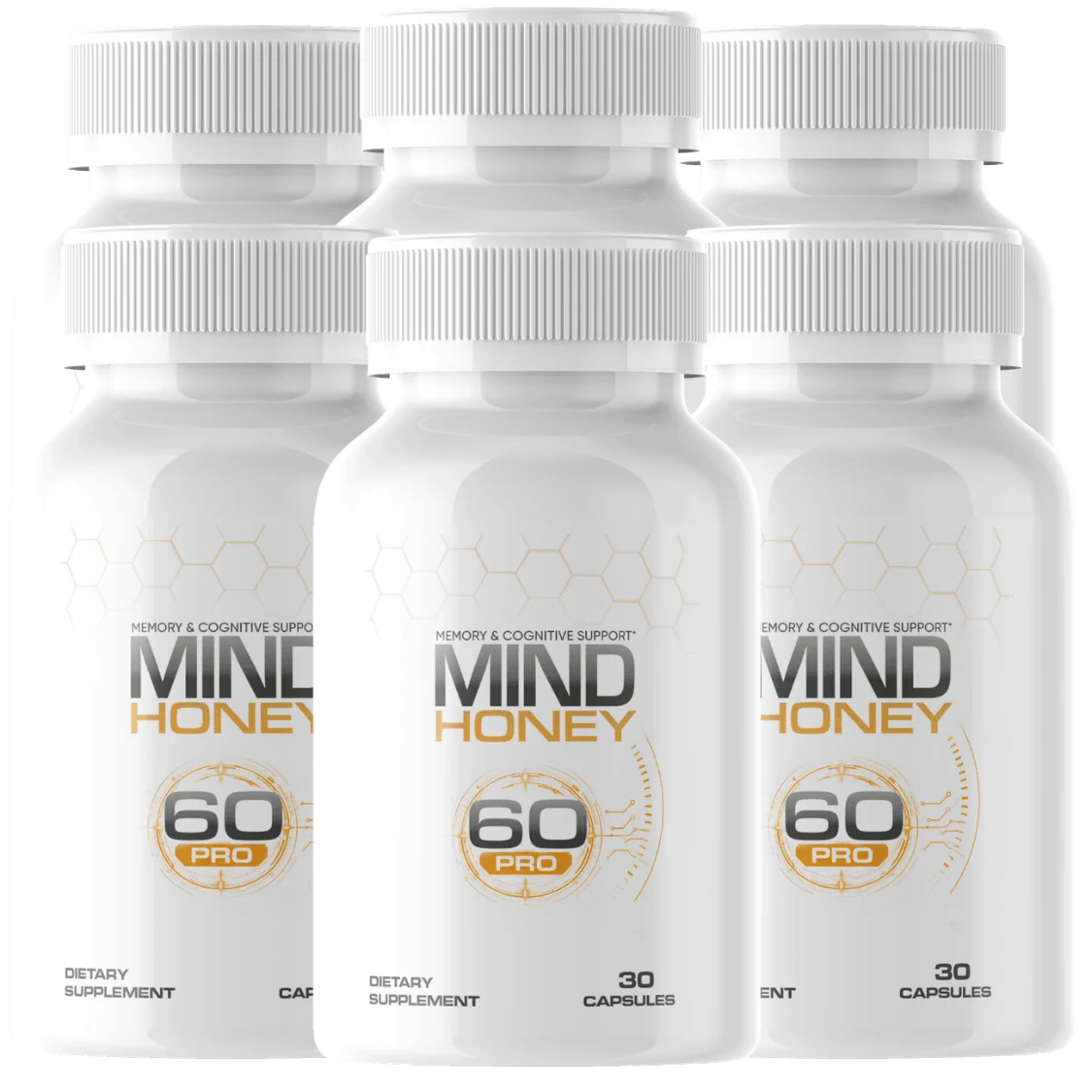 six amber supplement bottles with gold honeycomb label reading Mind Honey Pro, stacked arrangement, 