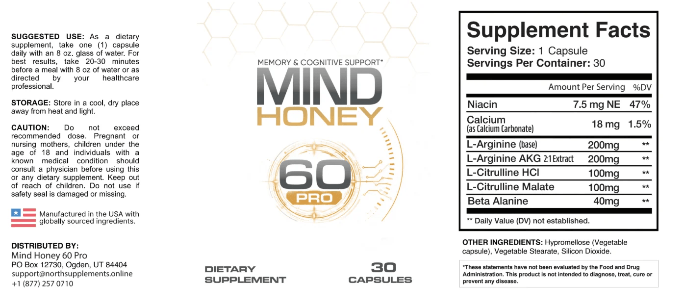 single amber supplement bottle with gold honeycomb label reading Mind Honey Pro, studio product phot